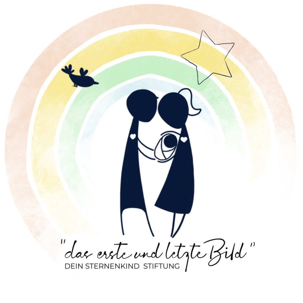 Logo DeinSternenkin Regenbogen mit zwei Strichmenschen. Vogel und Sterm Schriftzug "das erste und das letzte Bild"